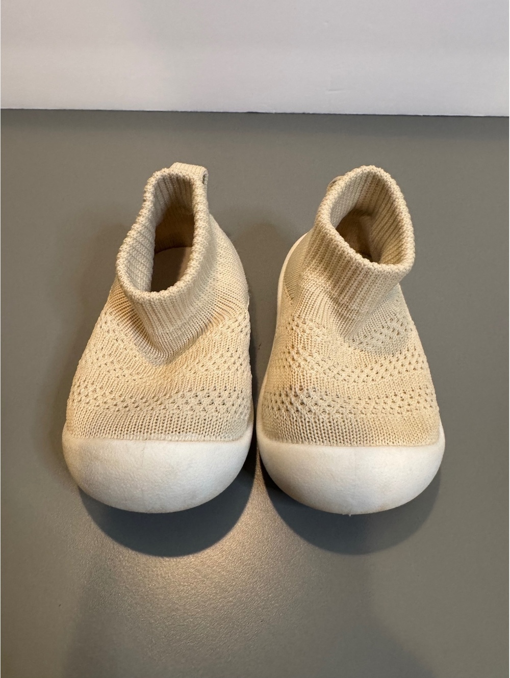 Infant Beige Knit Sock Shoes with White Rubber Soles